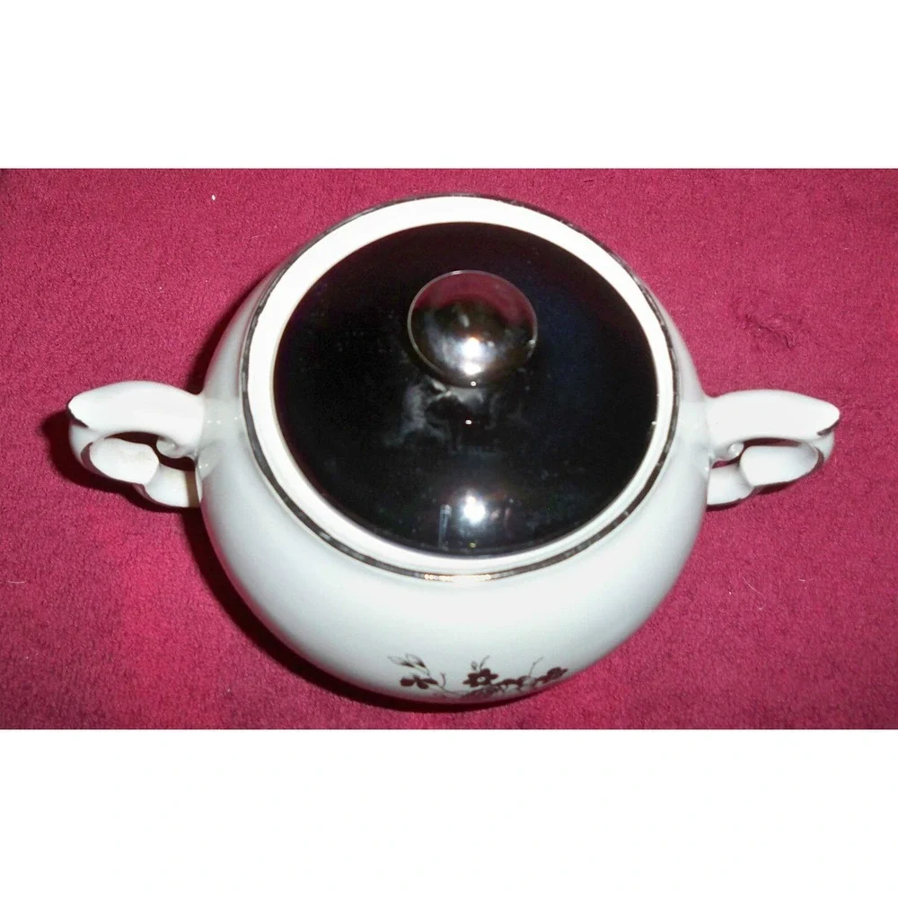 Cream Sugar Set w/Lid White Black inside scalloped handles platinum trim flowers